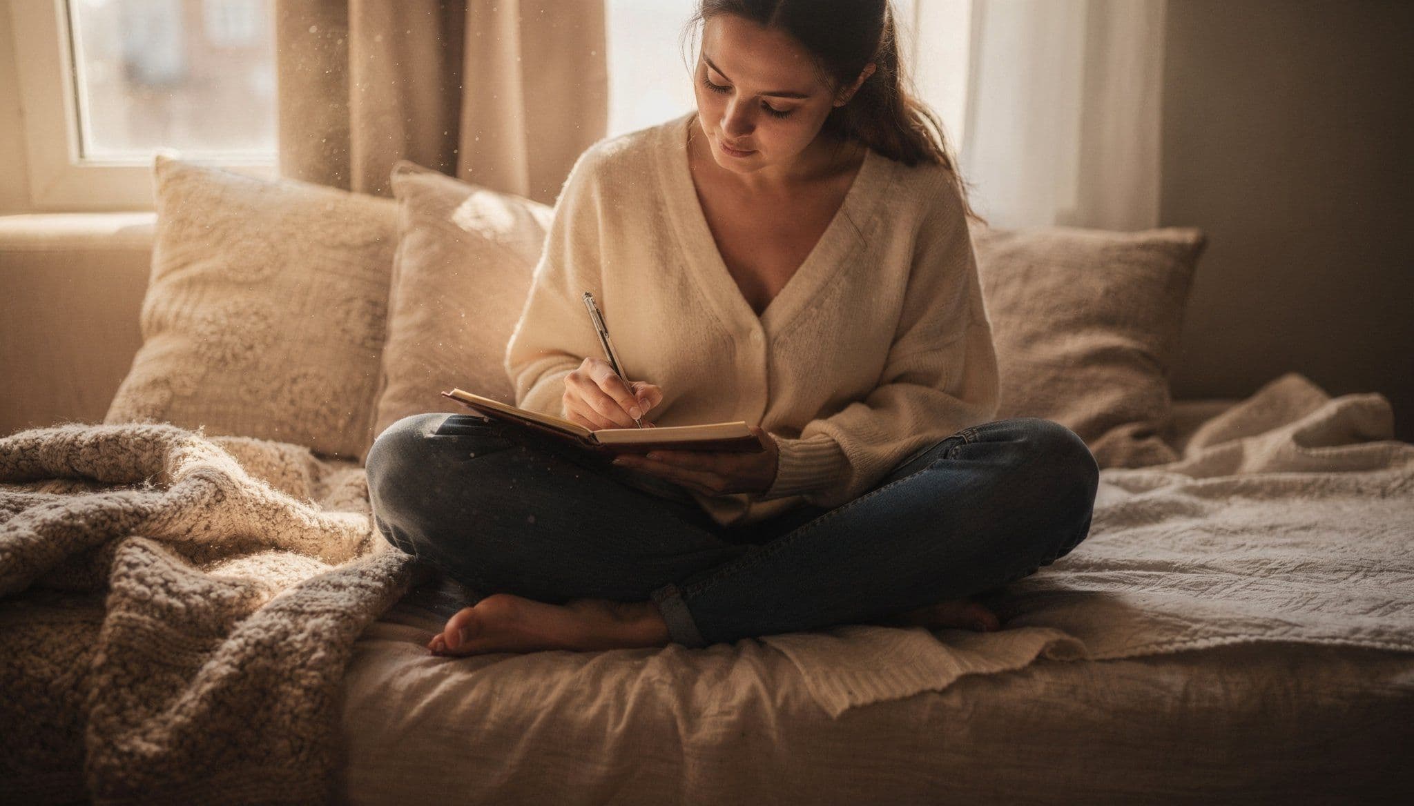 Mujer escribiendo en un diario con luz de mañana, atmósfera de reflexión tranquila