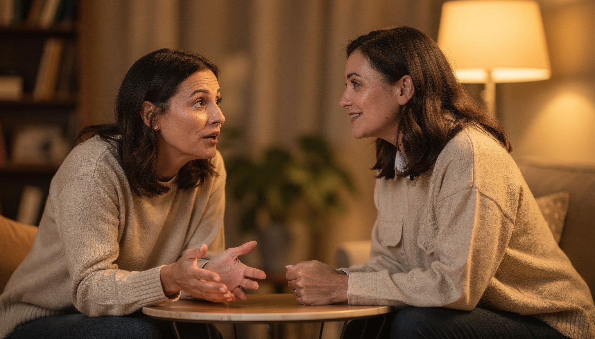 Dos mujeres en conversación auténtica, una hablando con expresión abierta y honesta, luz interior cálida, sensación de conexión real