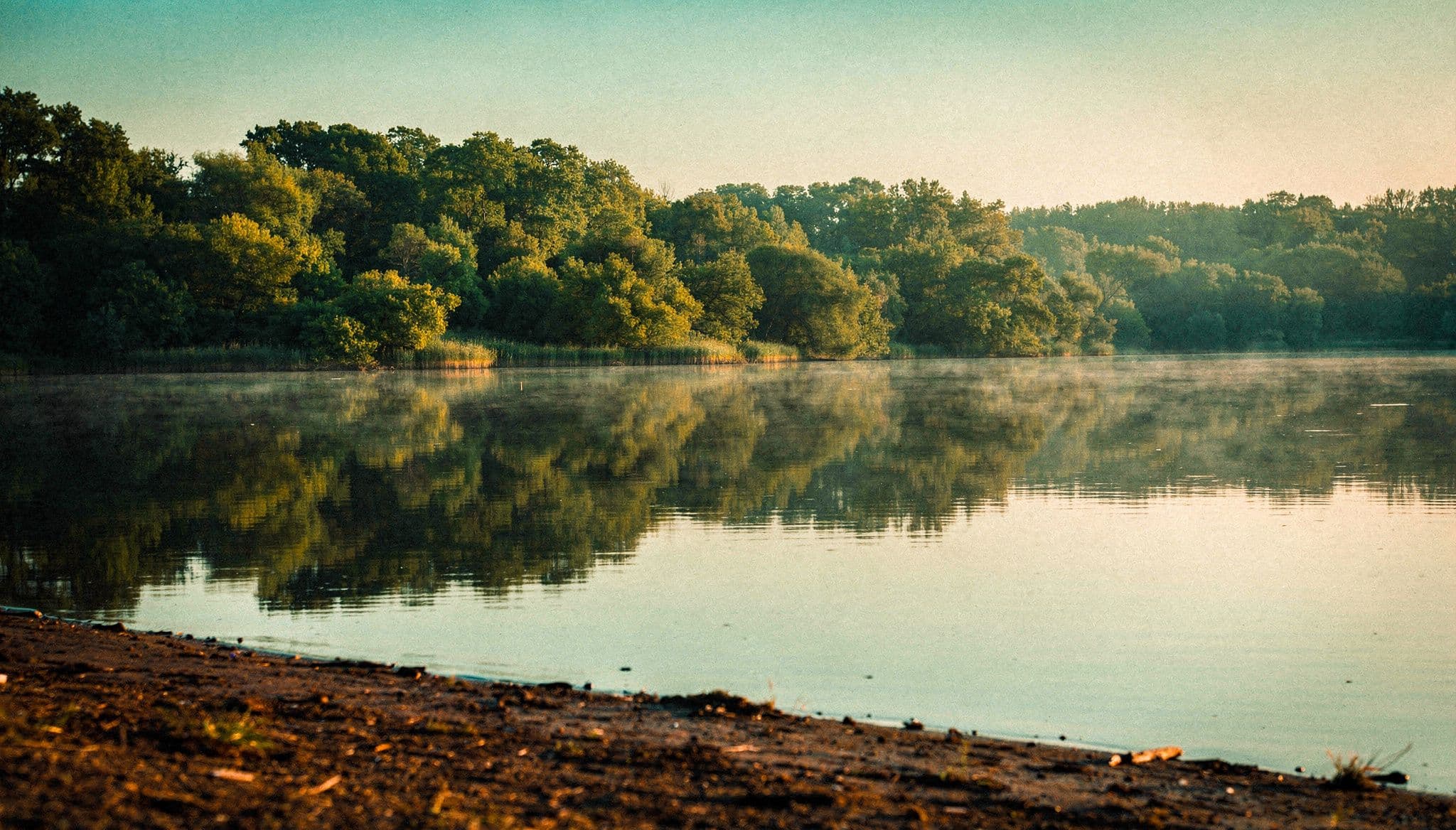 Lago tranquilo al atardecer reflejando luz rosa y dorada, atmósfera de paz interior