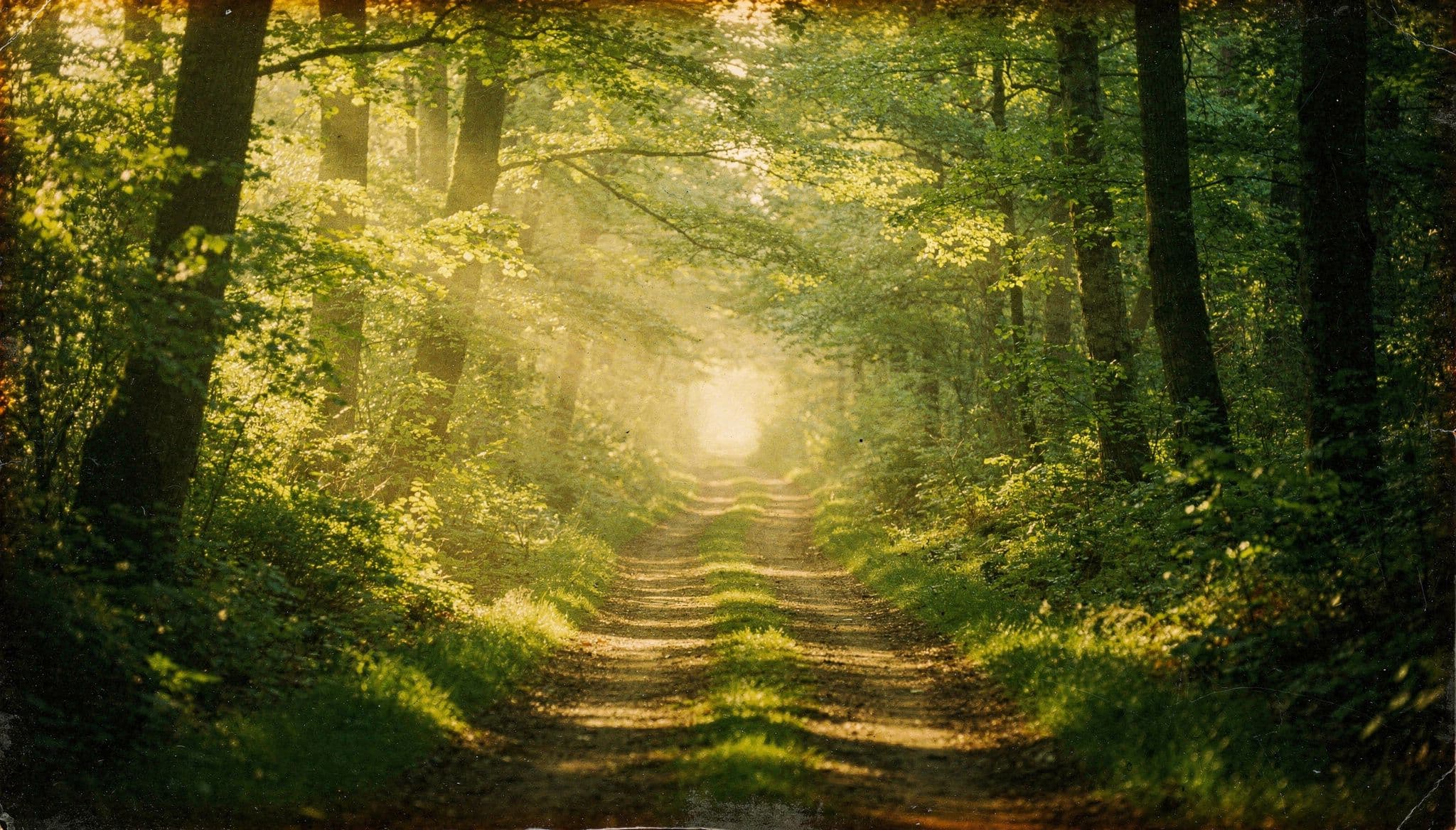Camino soleado en el bosque con luz y niebla matutina