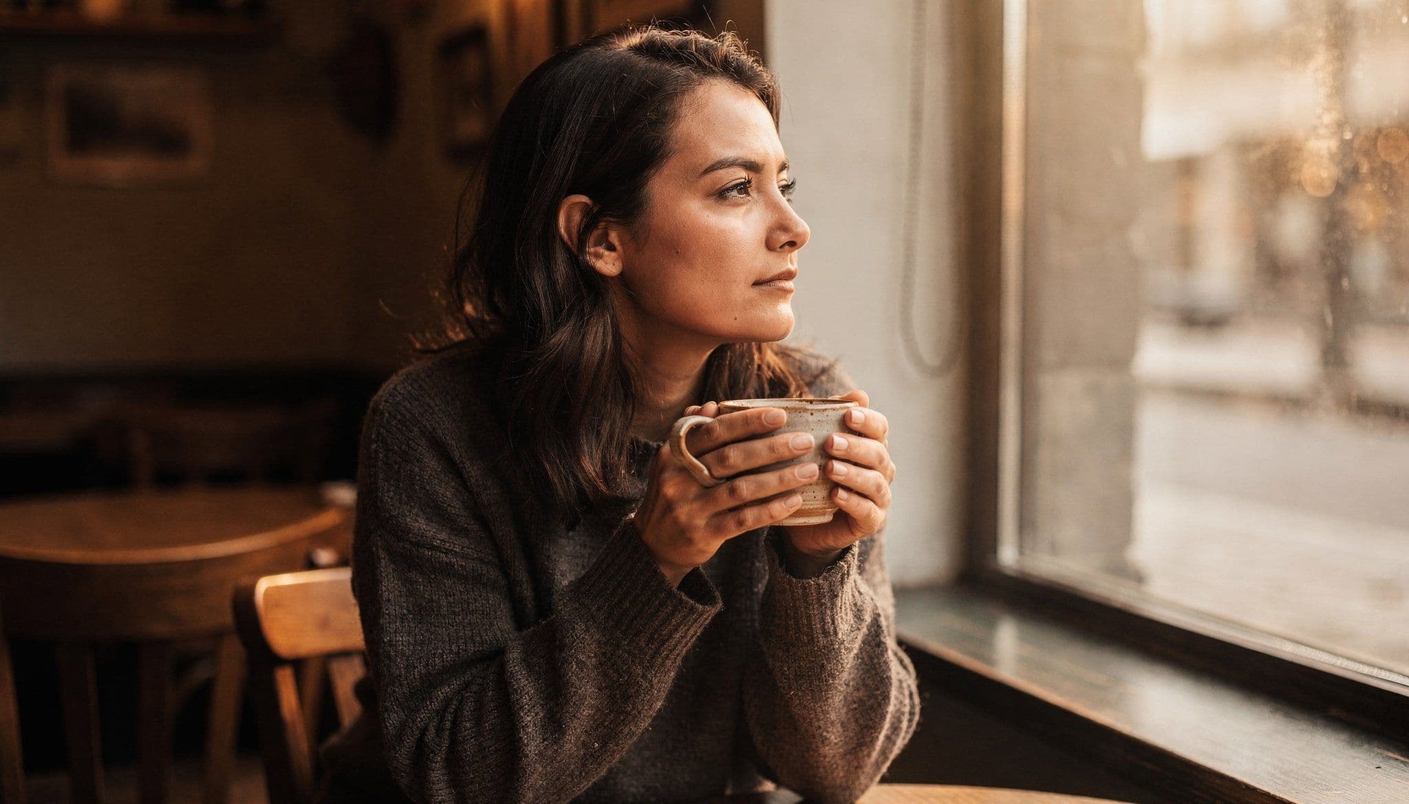 Mujer sola en una cafetería mirando por la ventana con una taza entre las manos, luz cálida difusa, expresión pensativa y en paz